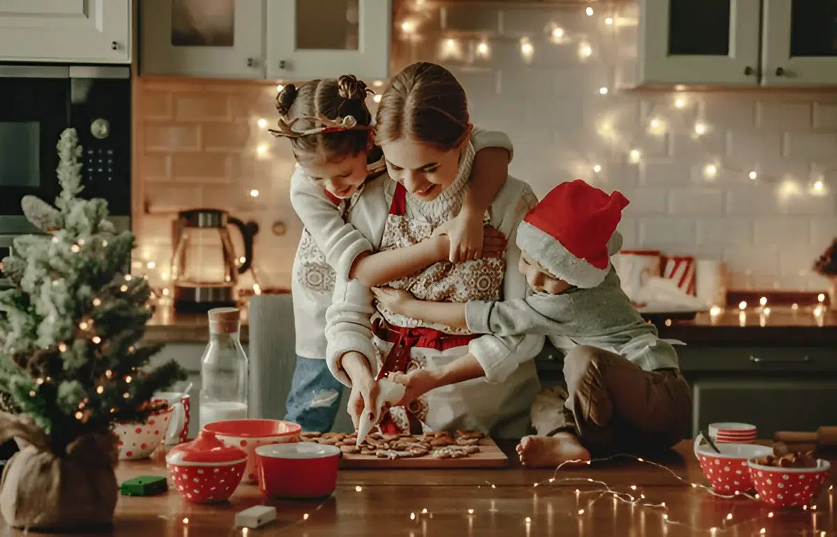 A festive kitchen scene with three children baking cookies together trying to make the Perfect Christmas Cookies