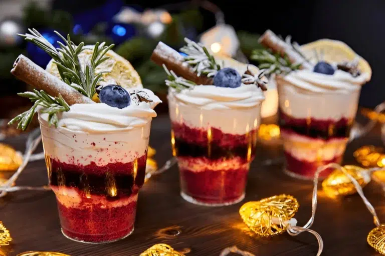 Three dessert cups with layered desserts, for Christmas Dessert Recipes