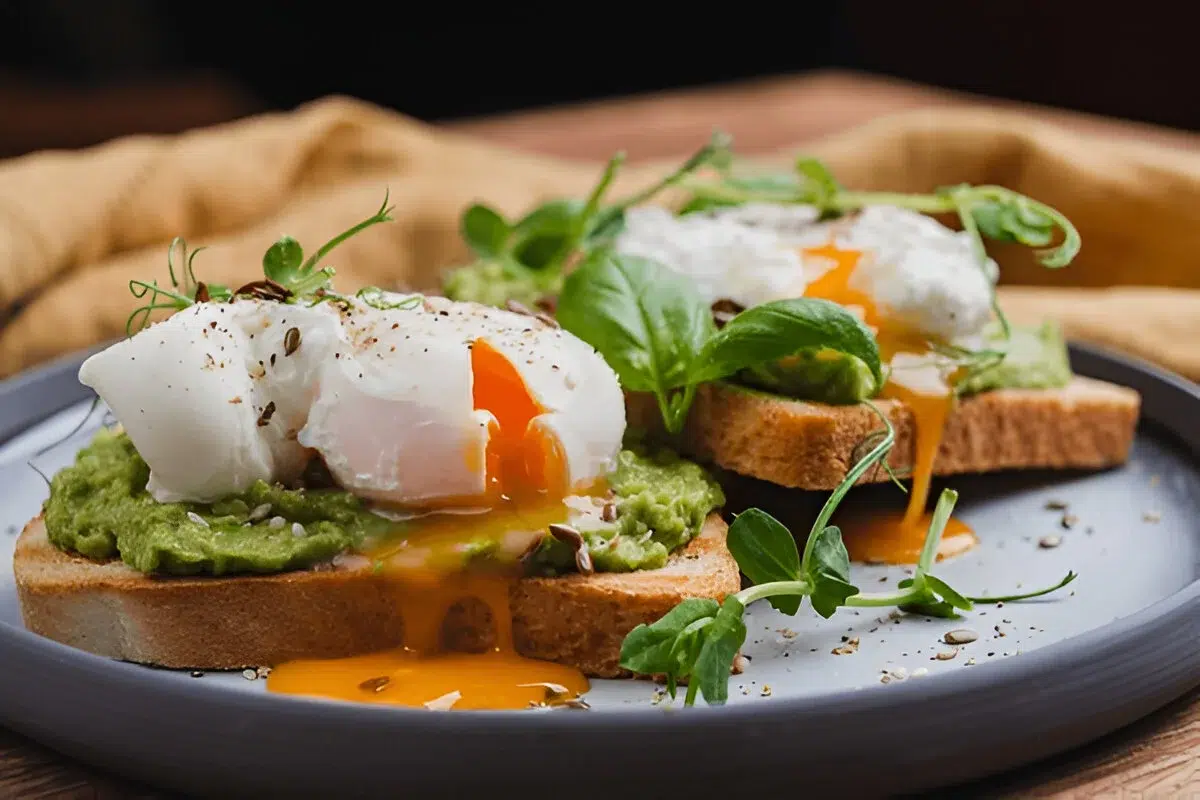 Two slices of toast topped with mashed avocado, poached eggs, high-Protein Breakfasts