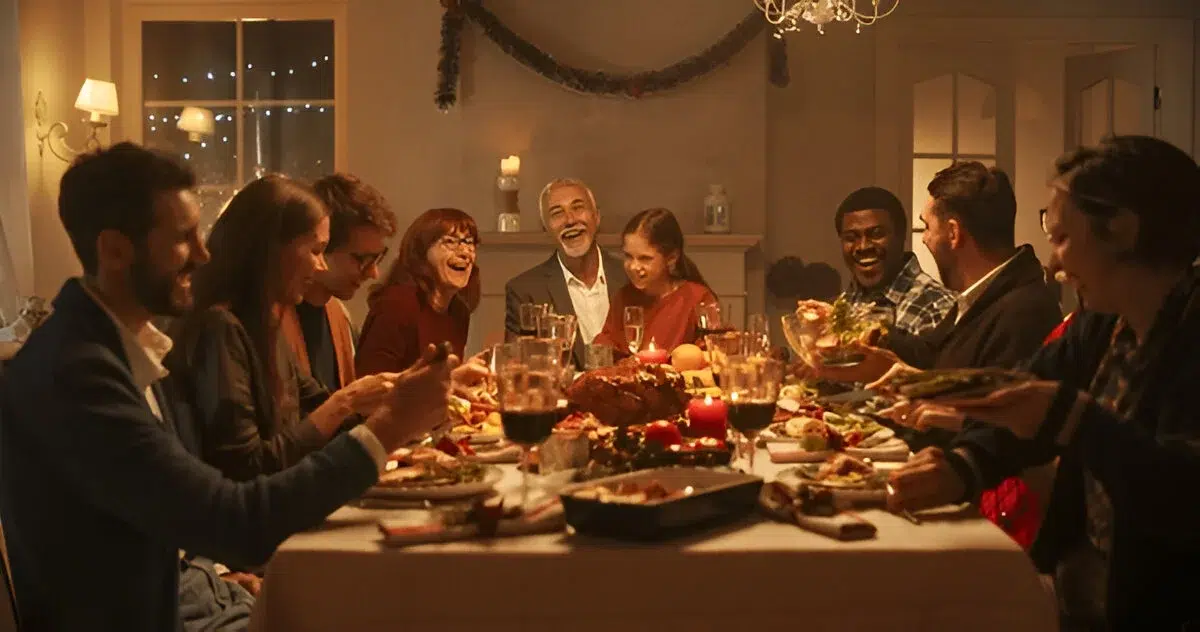 A festive dinner table set with a roasted meat centerpiece, surrounded by candles, Christmas decorations, and a decorated tree, showing **how to feed 20 people for Christmas**.