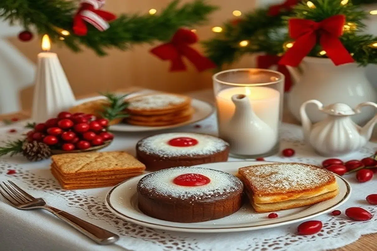 Festive holiday table setting with various desserts and decorations.