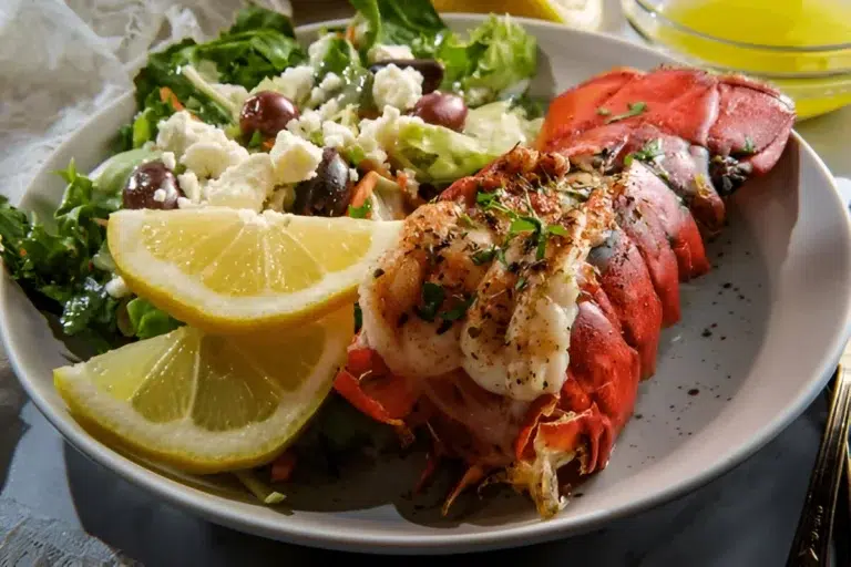 A beautifully plated lobster tail recipe with lemon wedges and parsley garnish - lobster tail recipe.