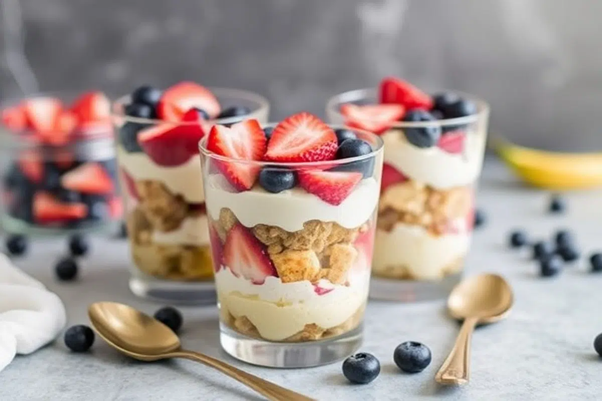 Three dessert parfaits layered with granola, creamy yogurt, and fresh fruit, including strawberries and blueberries.
