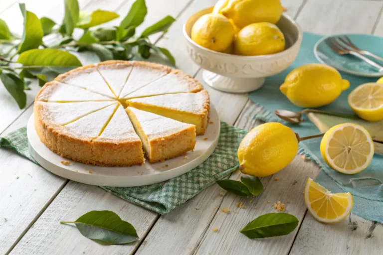A sliced Amalfi lemon cake on a rustic table surrounded by lemons and leaves