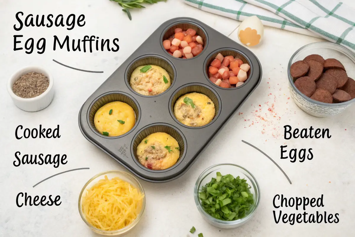 Steps to assemble sausage egg muffins