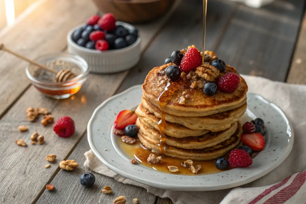Stack of fluffy banana whole wheat pancakes with sugar-free maple syrup and fresh berrie