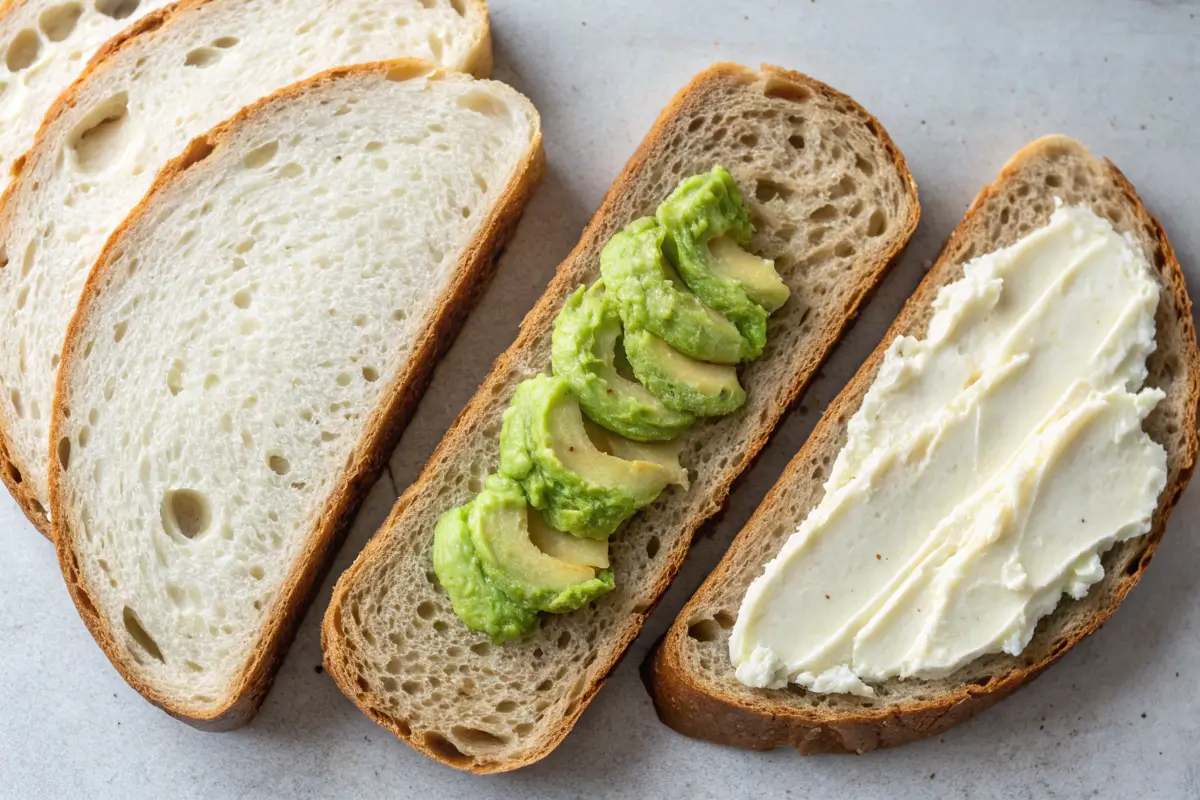 Comparison of white, whole wheat, and sourdough bread with avocado
