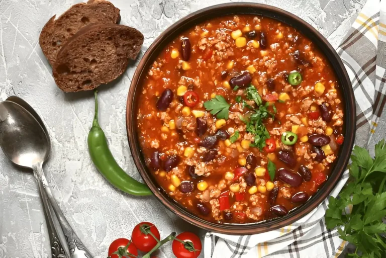 A bowl of Chili Recipe with Beans, with beans, corn, and ground meat, garnished with cilantro, alongside bread, a chili pepper, a spoon, and cherry tomatoes.