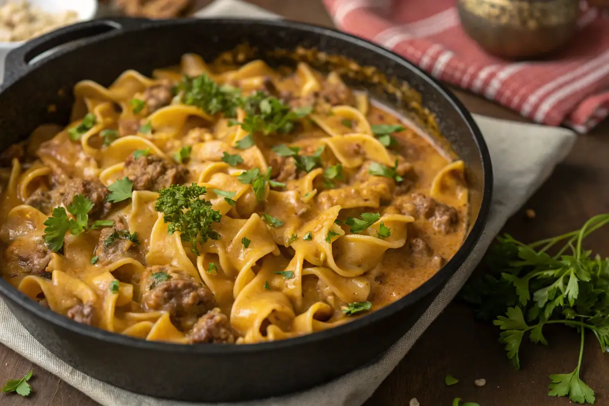 A close-up view of Hamburger Helper Beef Stroganoff in a skillet