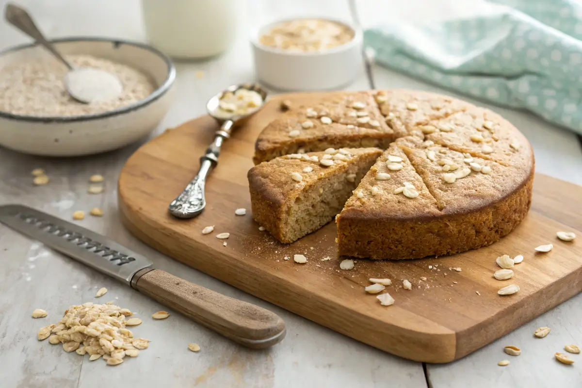 reshly baked oatmeal cake with a slice removed