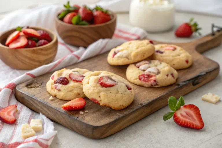 Freshly baked strawberry cheesecake cookies on a wooden board.