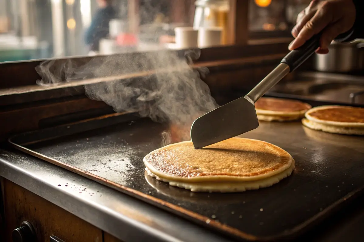 Flipping a banana whole wheat pancake on a griddle