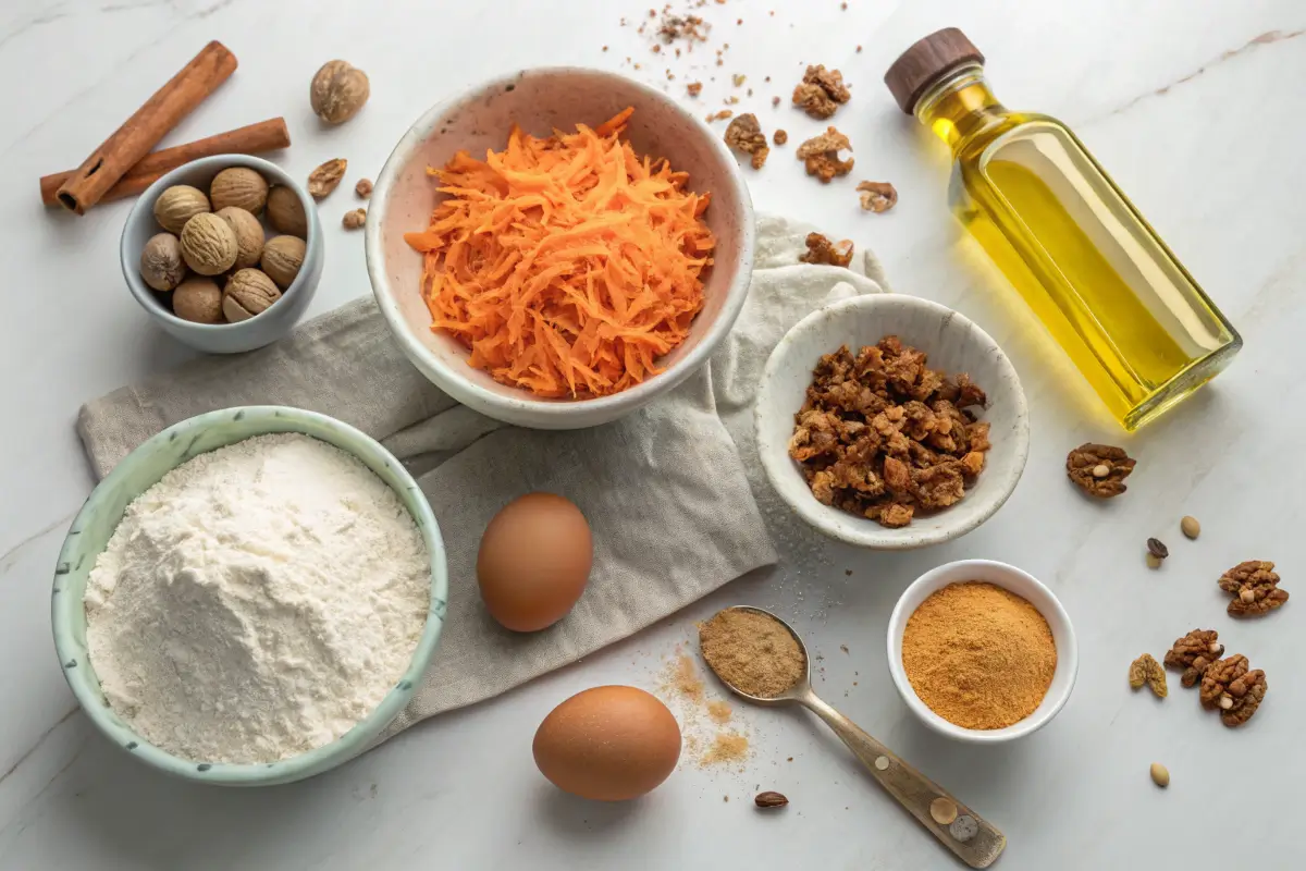 Gluten-free baking ingredients for carrot cake.