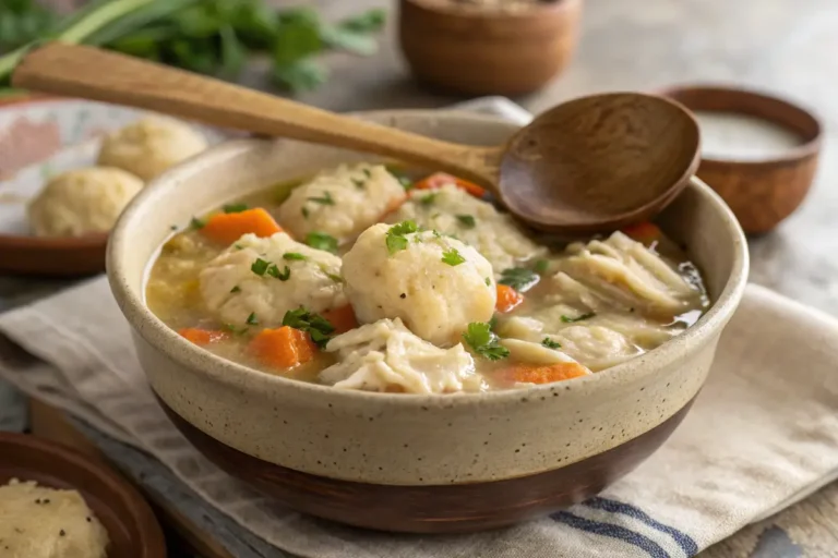 Steaming bowl of grandma's chicken and dumplings recipe.