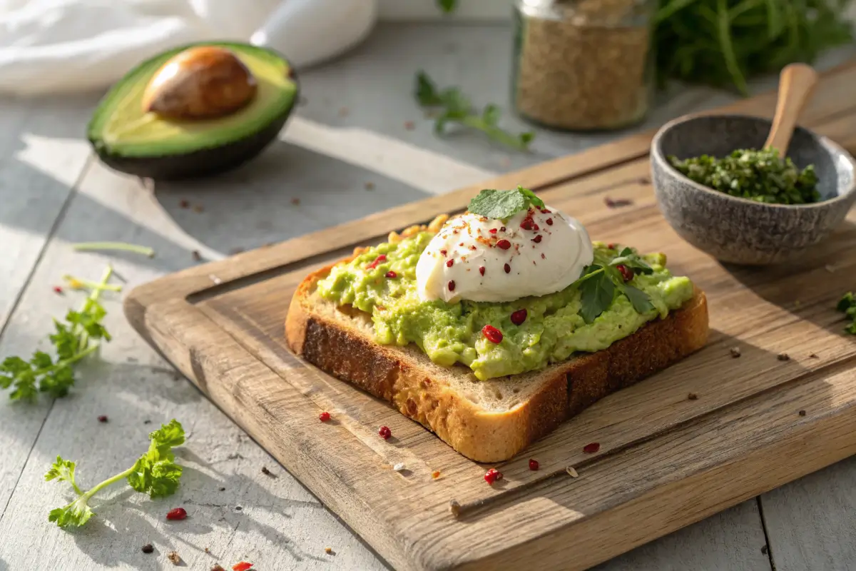 Vibrant avocado toast with poached egg and red pepper flakes