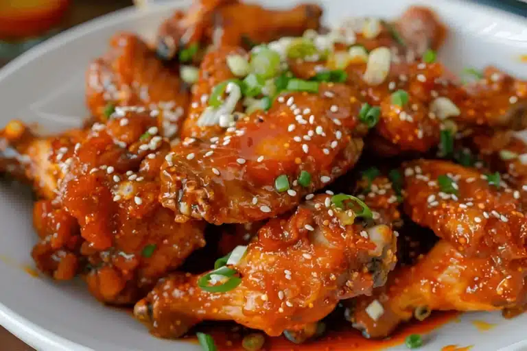 A plate of honey garlic chicken wings garnished with sesame seeds and chopped green onions.