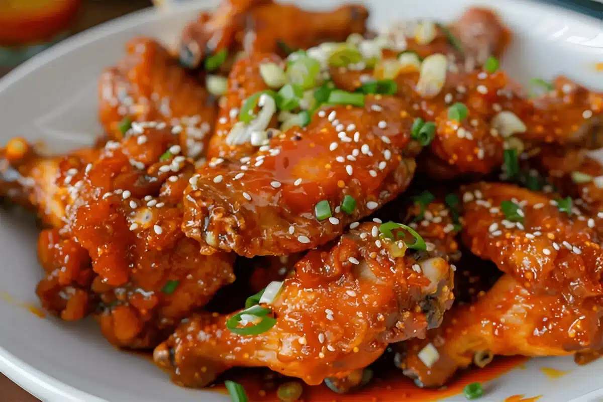 A plate of honey garlic chicken wings garnished with sesame seeds and chopped green onions.