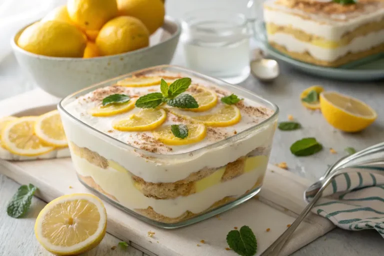 Delicious lemon tiramisu with lemon zest and mint garnish.