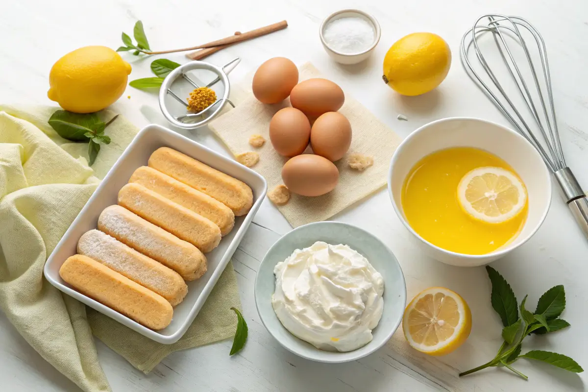 Ingredients for homemade lemon tiramisu recipe.