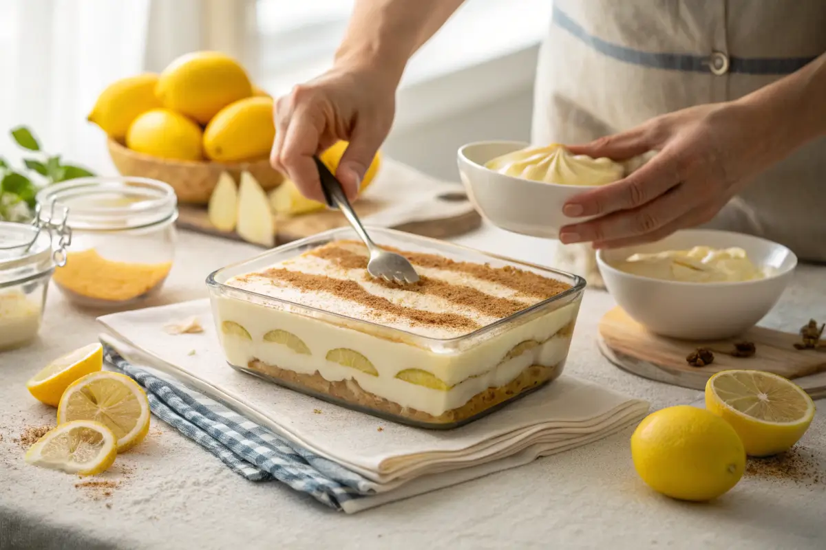 Layering lemon tiramisu in a glass dish.