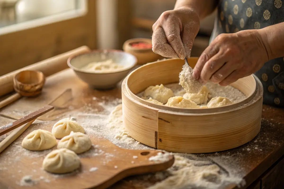 Hands mixing dough for chicken and dumplings.