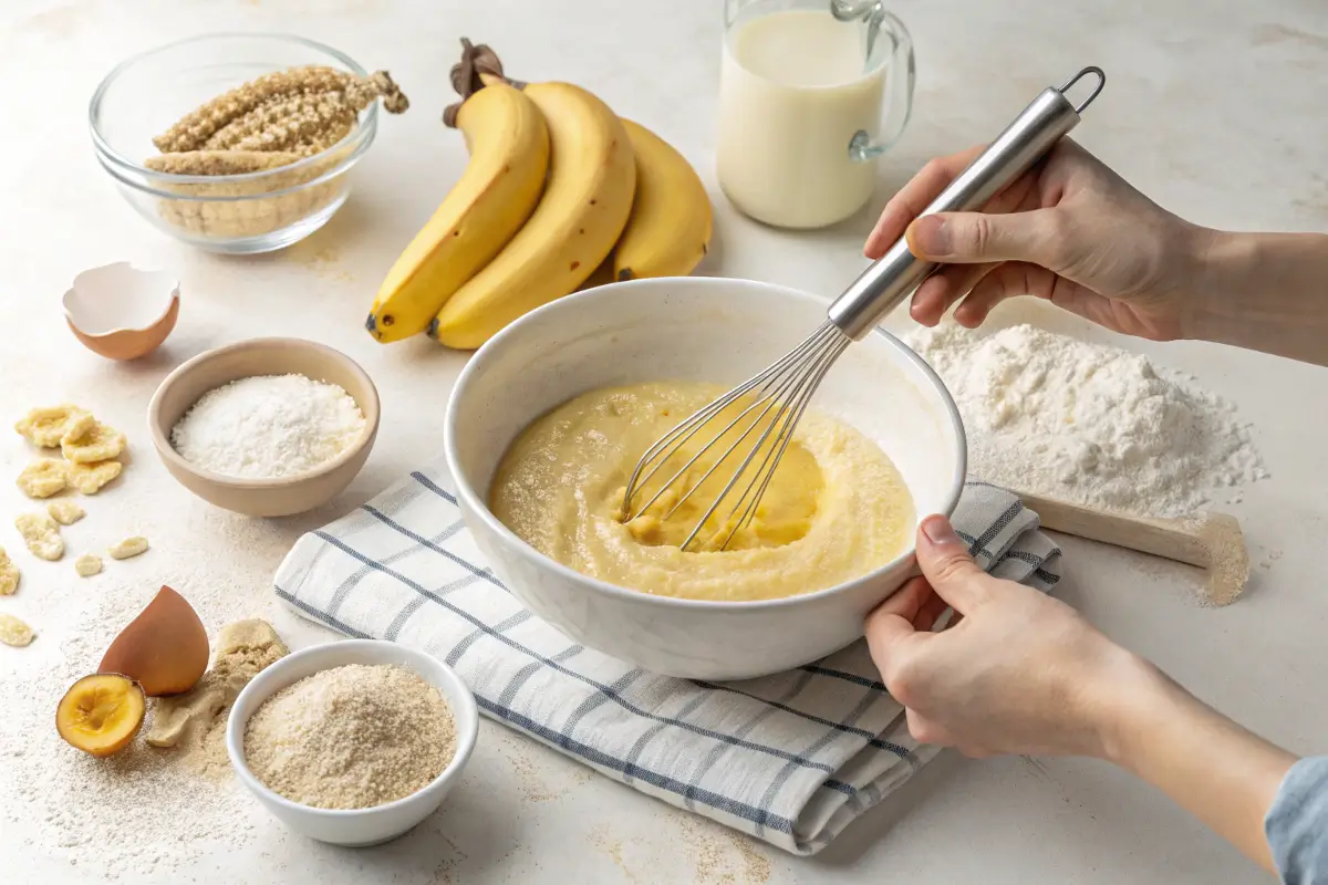 Hands mixing banana whole wheat pancake batter in a bowl