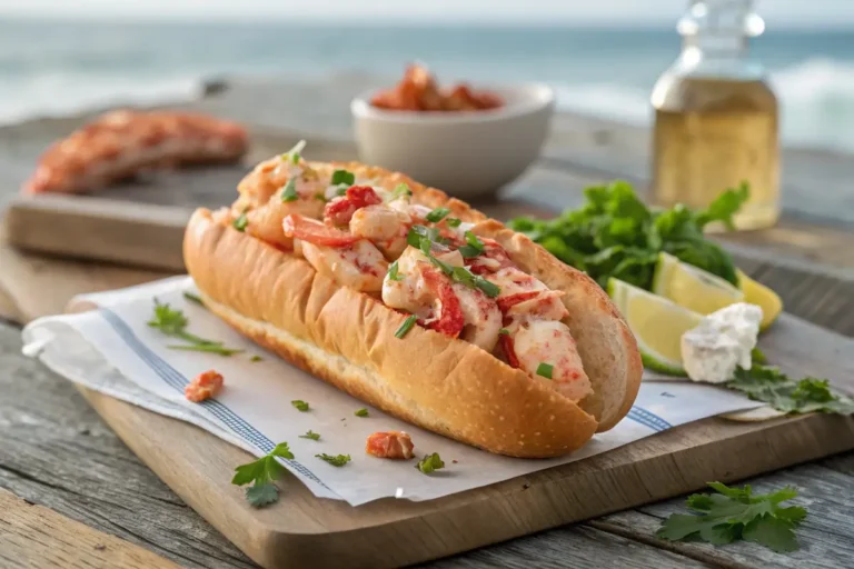 Delicious Maine lobster roll overflowing with lobster meat on a toasted bun.