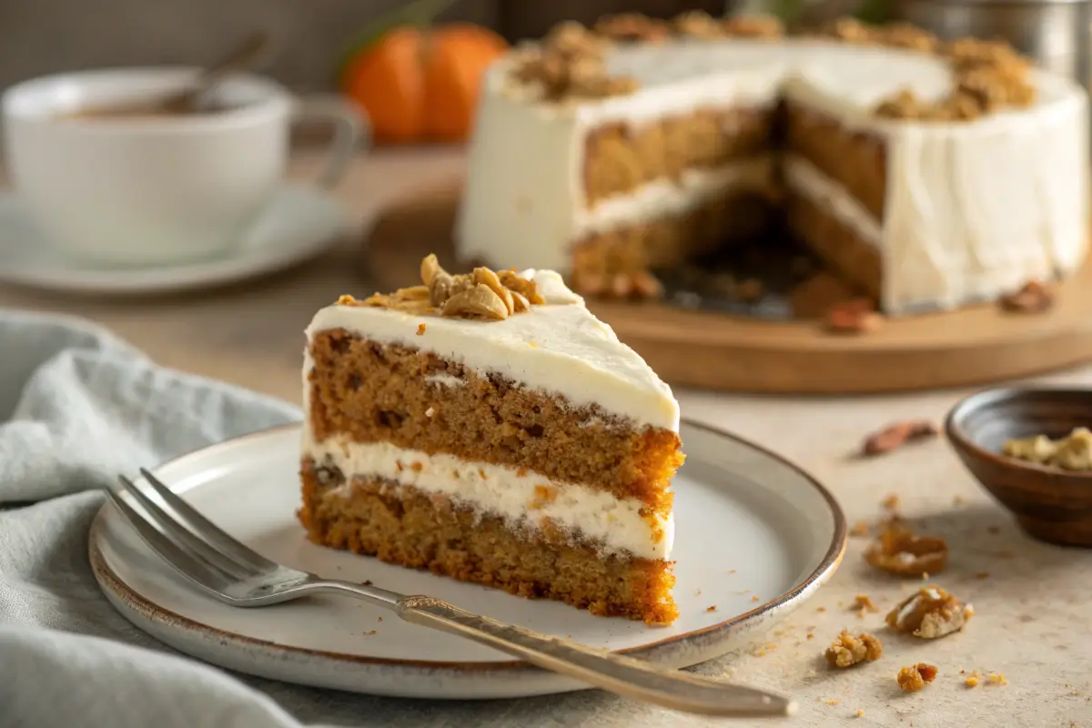 A moist slice of gluten-free carrot cake with cream cheese frosting.