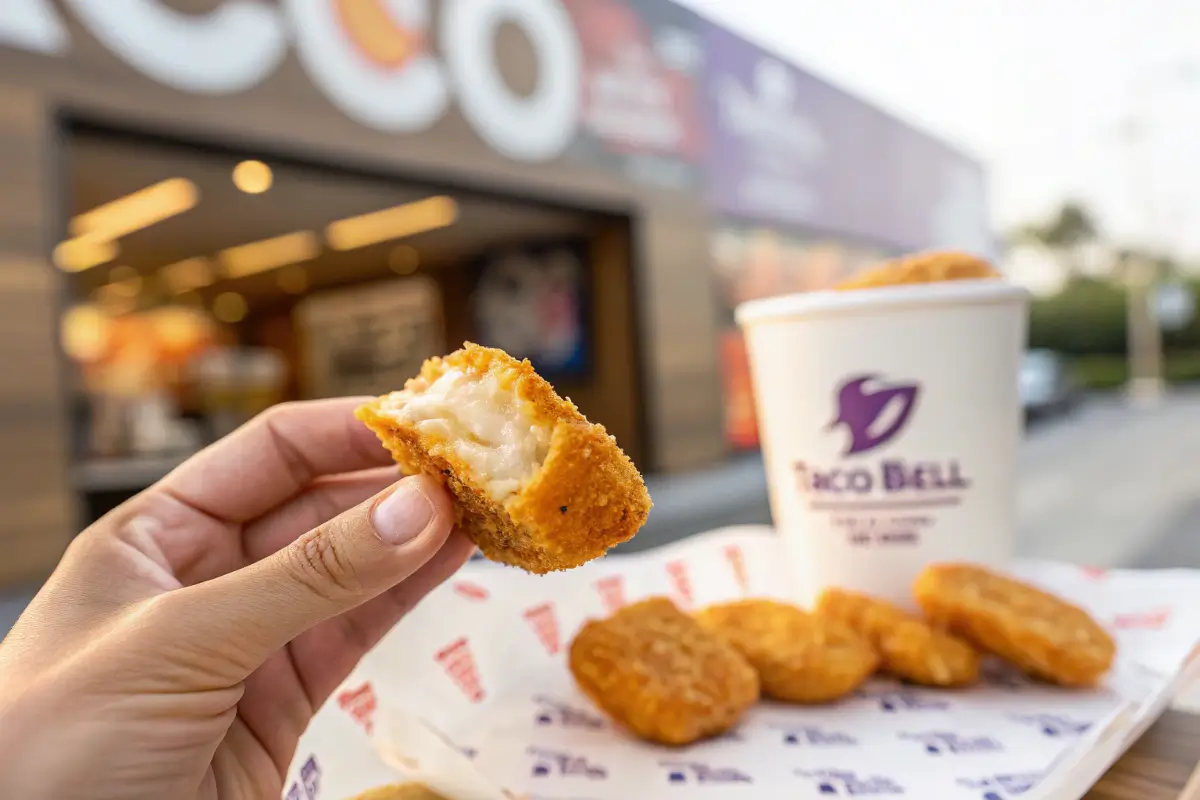 Taco Bell Chicken Nugget held by hand.