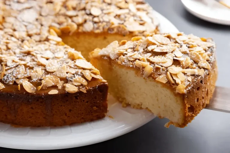 A close-up of an almond nut cake with a slice being lifted out. The cake has a golden-brown crust and is topped with sliced almonds and a light dusting of powdered sugar.