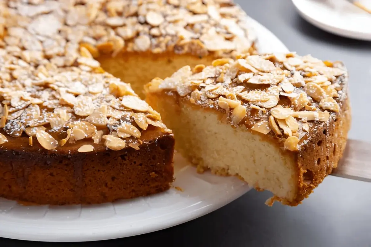 A close-up of an almond nut cake with a slice being lifted out. The cake has a golden-brown crust and is topped with sliced almonds and a light dusting of powdered sugar.