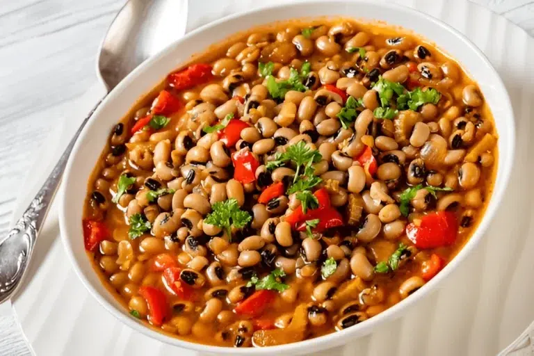 A bowl of black-eyed peas stew garnished with chopped parsley and red bell peppers.