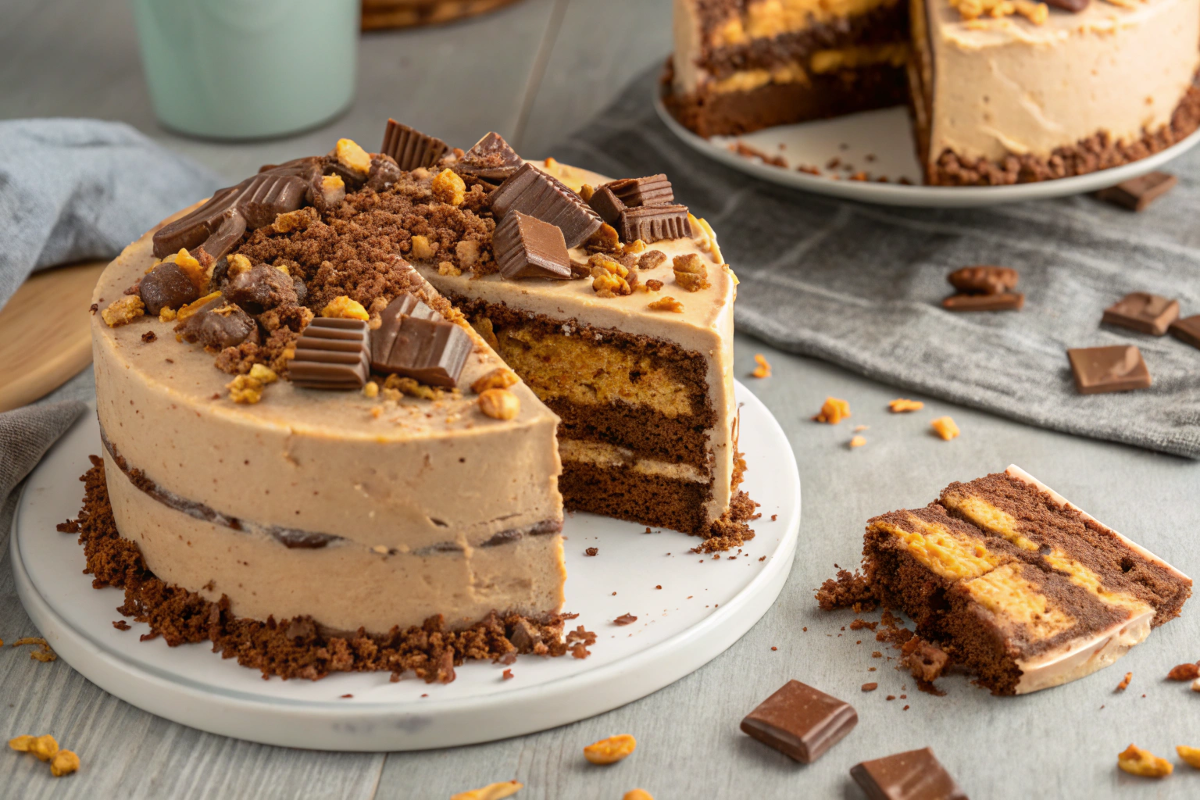 A butterfinger cake with a slice cut out, revealing layers of chocolate and peanut butter filling, topped with crumbled chocolate and butterfinger pieces.