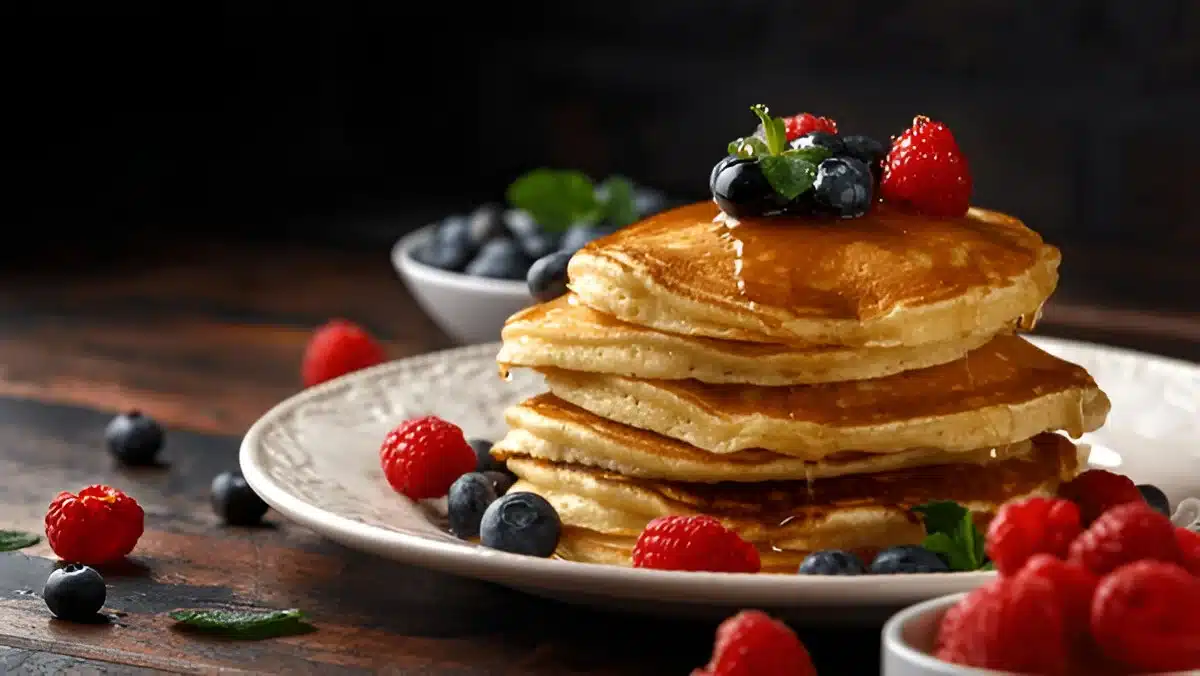 Stack of buttermilk pancakes with berries, drizzled with syrup