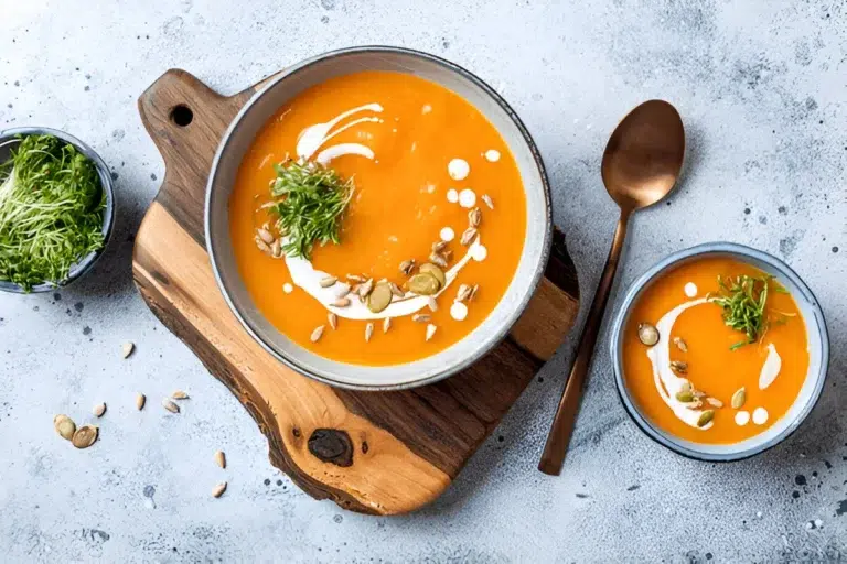 A bowl of butternut squash lentil soup garnished with cream, seeds, and greens, placed on a wooden board. A smaller bowl of the same soup and a spoon are next to it. A small bowl of fresh greens is also visible.