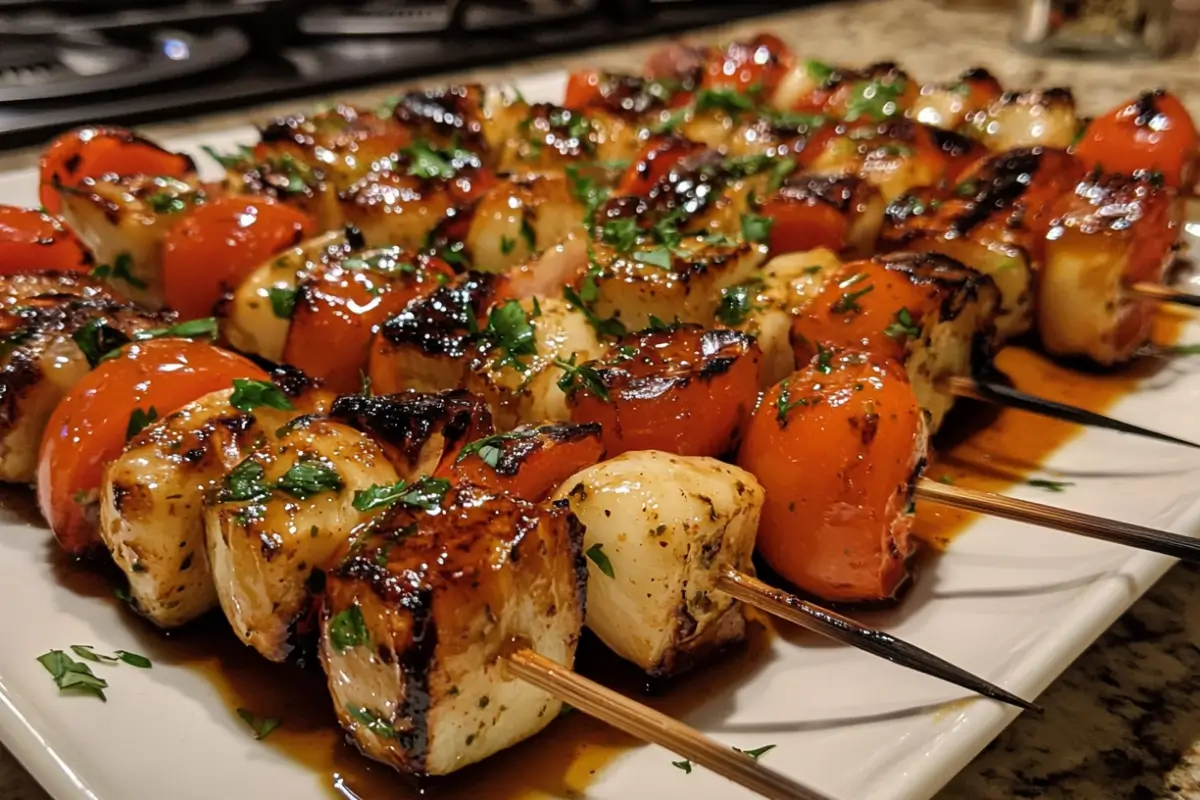 Close up of delicious Caprese Skewers for a romantic dinner.