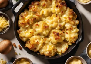 Plated cheesy smashed potatoes with toppings for cheesy smashed potatoes recipe.