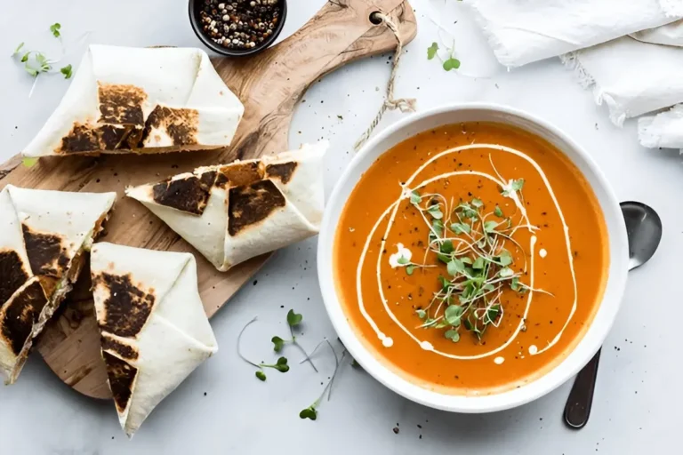 A bowl of creamy roasted tomato soup garnished with microgreens and a drizzle of cream, accompanied by four grilled tortilla wraps on a wooden board, with a small bowl of mixed peppercorns in the background.