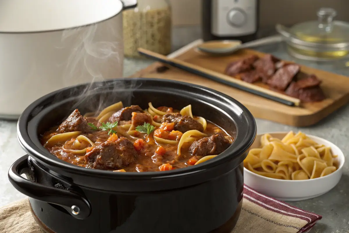 A steaming crock pot of **crock pot beef and noodles**, garnished with parsley, with uncooked noodles and cooked beef pieces in the background.