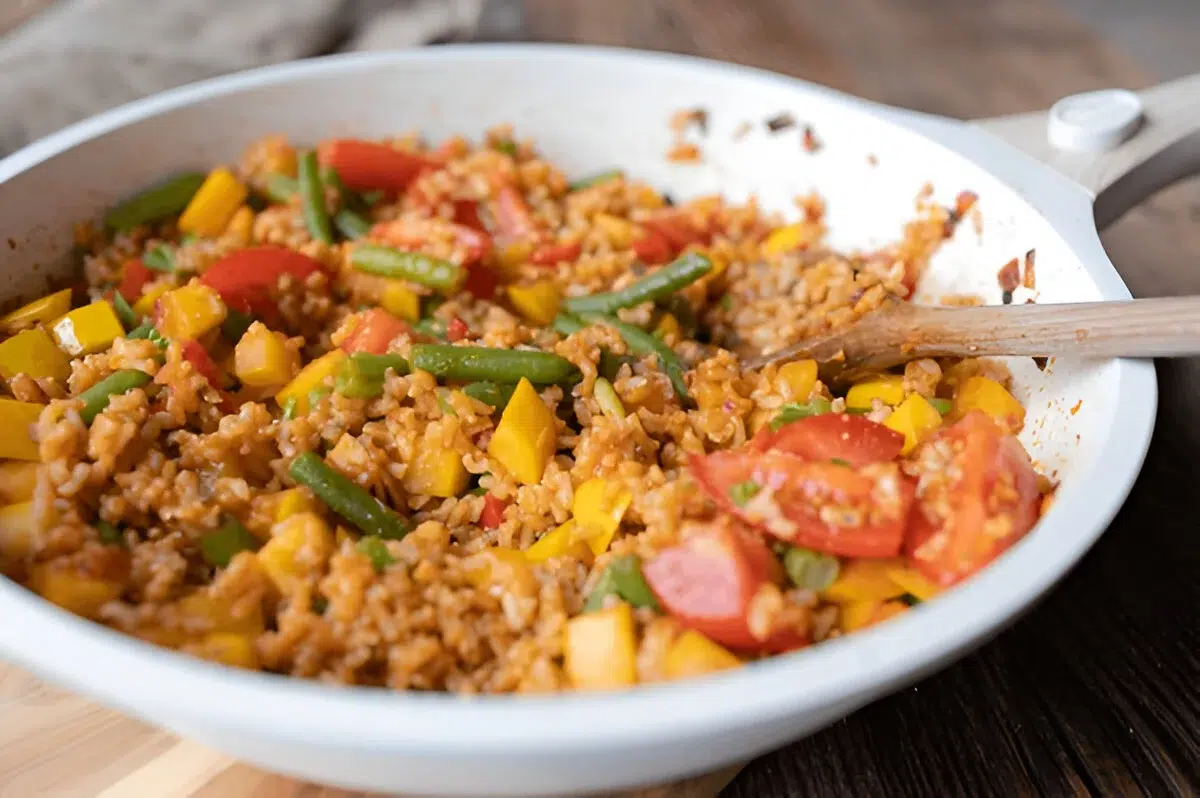 Close-up of Fried Rice Gluten Free with green beans and bell peppers.
