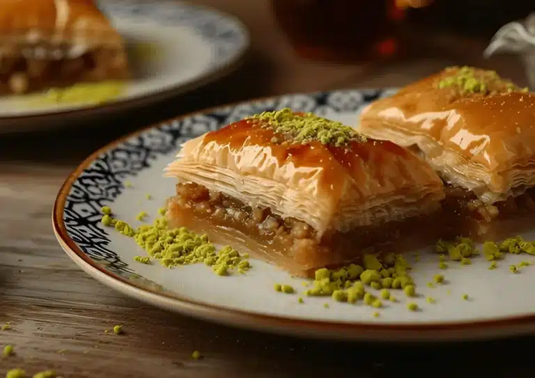A close-up of two pieces of Greek dessert baklava on a decorative plate, garnished with crushed pistachios.