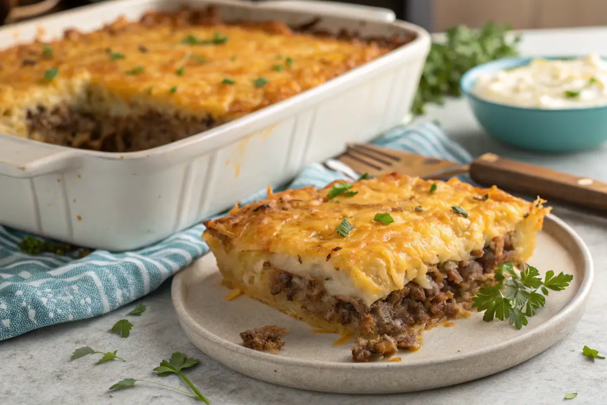 A slice of ground beef hash brown casserole on a plate, garnished with parsley, with the rest of the casserole in a baking dish in the background.
