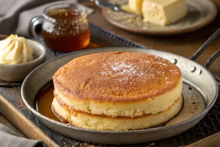 A close-up of two thick, golden-brown hoe cakes stacked on top of each other in a metal skillet. There is a small bowl of whipped butter and a jar of syrup in the background, along with a plate of butter.