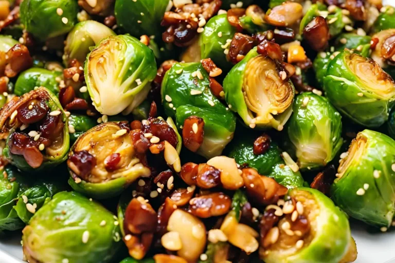 Close-up of Kung Pao Brussels sprouts highlighting their crispy texture.