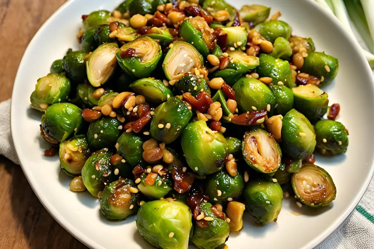 Delicious Kung Pao Brussels sprouts plated with green onions and sesame seeds.