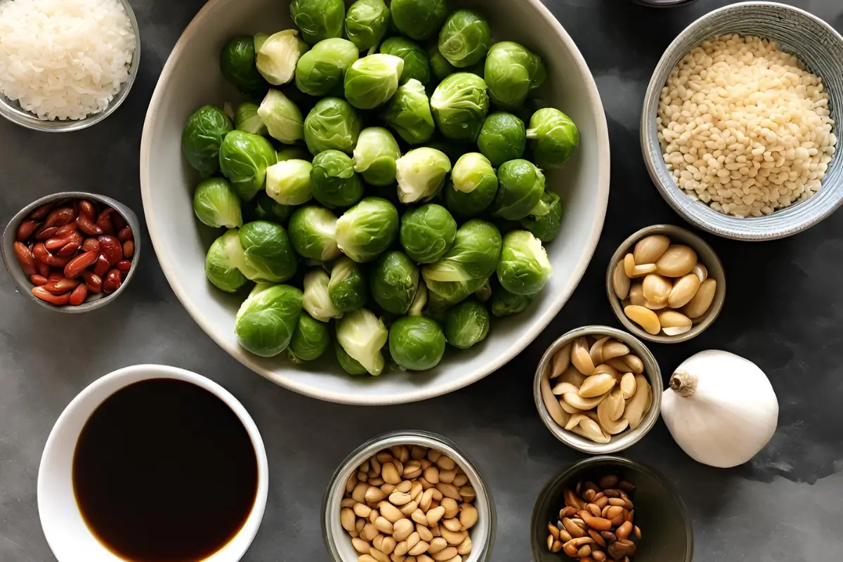 Kung Pao Brussels sprouts ingredients beautifully arranged for preparation.