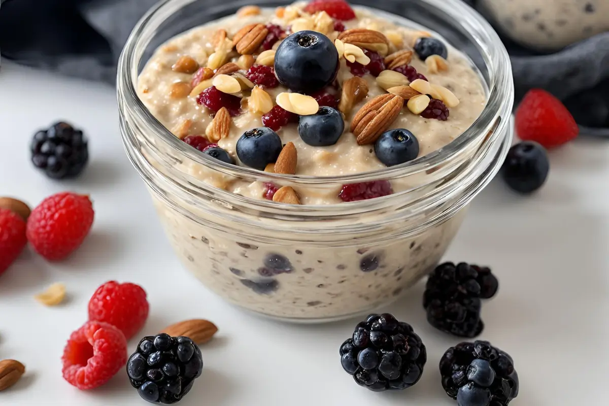 Close up of Delicious low calorie overnight oats with berries and nuts