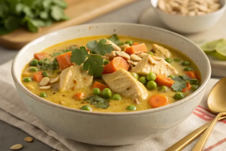 A creamy chicken soup with chunks of chicken, carrots, peas, sliced almonds, and fresh cilantro, reminiscent of Marry Me Chicken Soup.