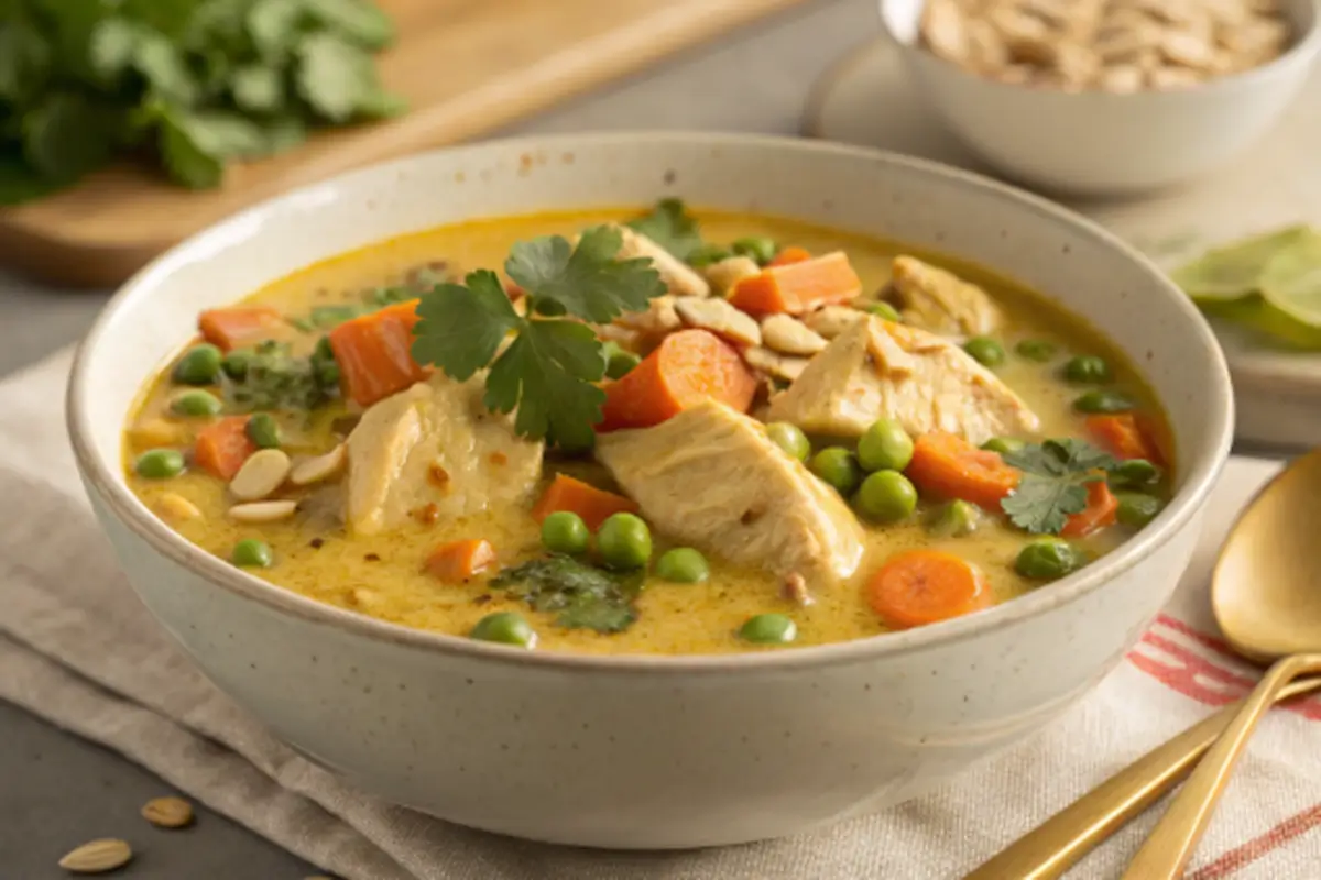 A creamy chicken soup with chunks of chicken, carrots, peas, sliced almonds, and fresh cilantro, reminiscent of Marry Me Chicken Soup.