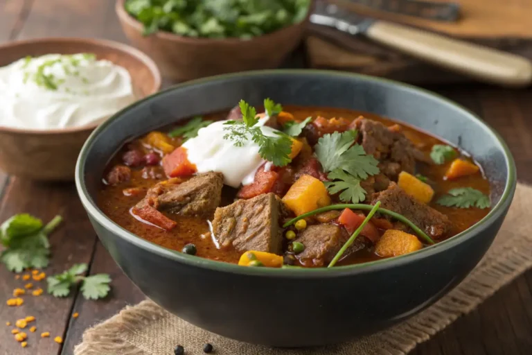 A bowl of Mexican beef stew garnished with cilantro and a dollop of sour cream, surrounded by fresh cilantro leaves and a bowl of sour cream in the background.